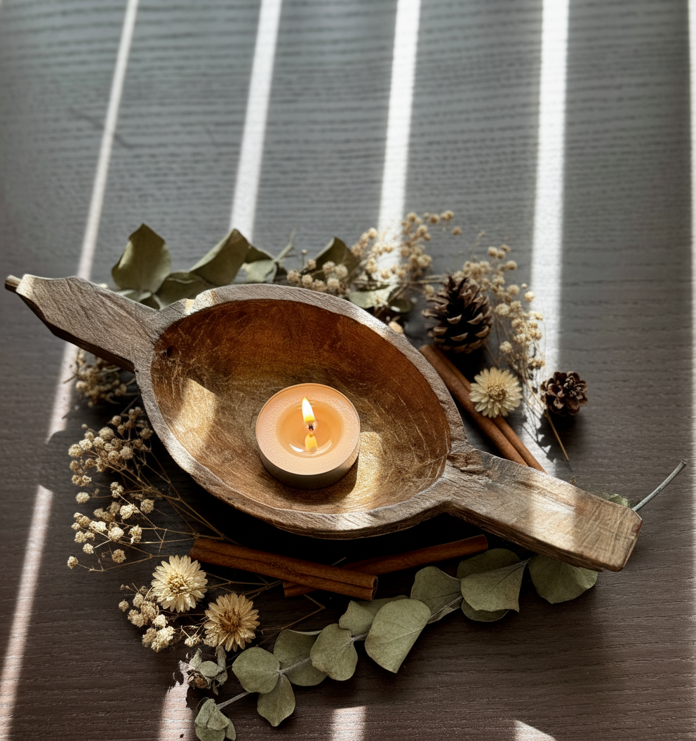 Wooden bowl with a candle surrounded by dried flowers and leaves on a wooden surface.