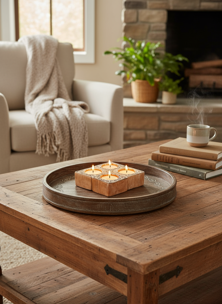 Cozy living room with a wooden table, candles, books, and a fireplace.