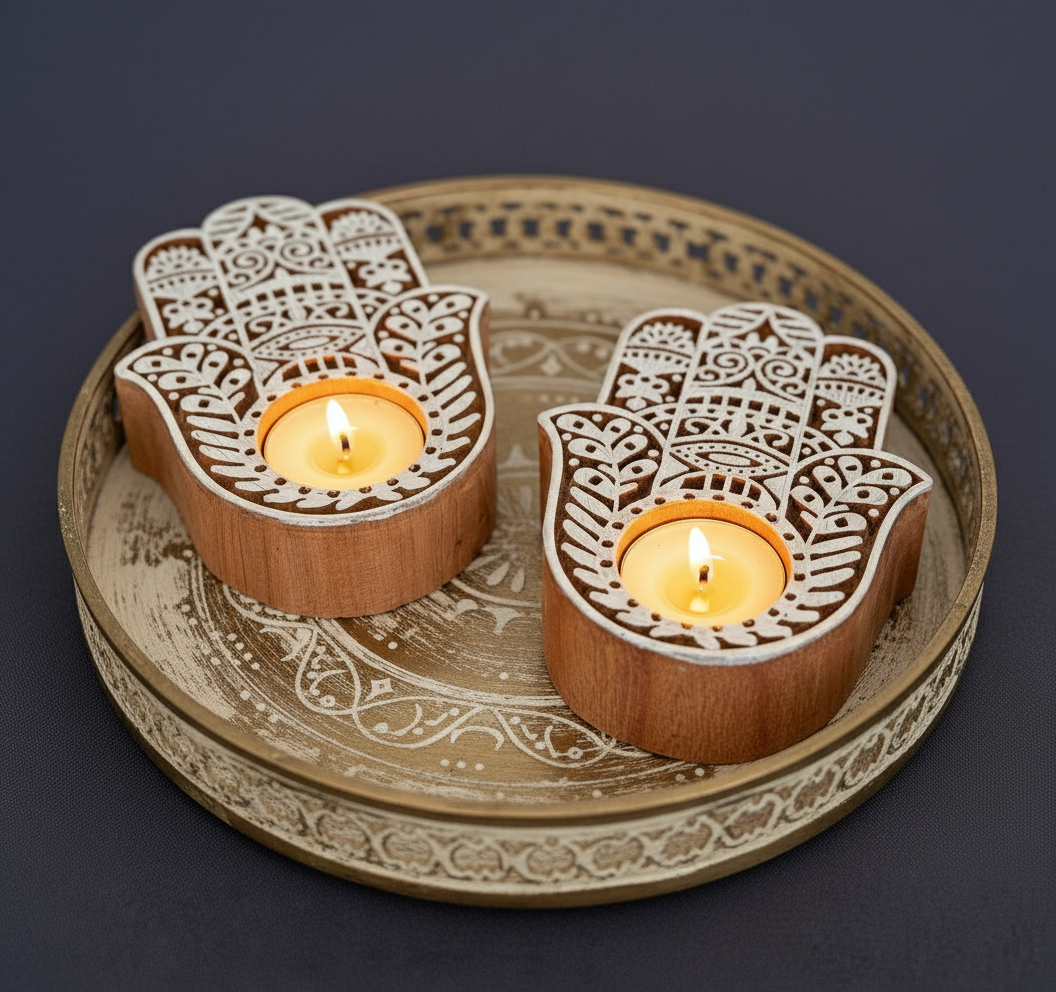 Wooden Hamsa hand candle holders with lit candles on a decorative tray.