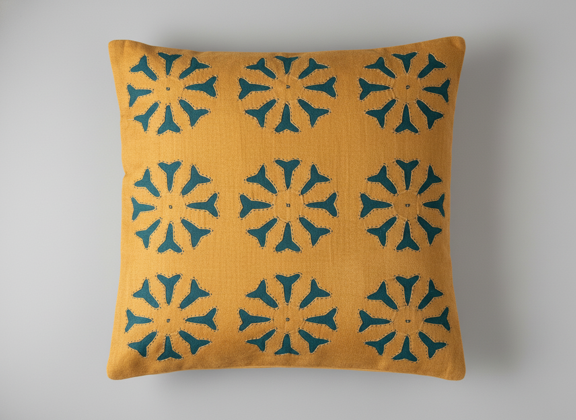 Yellow pillow with blue geometric patterns on a gray background