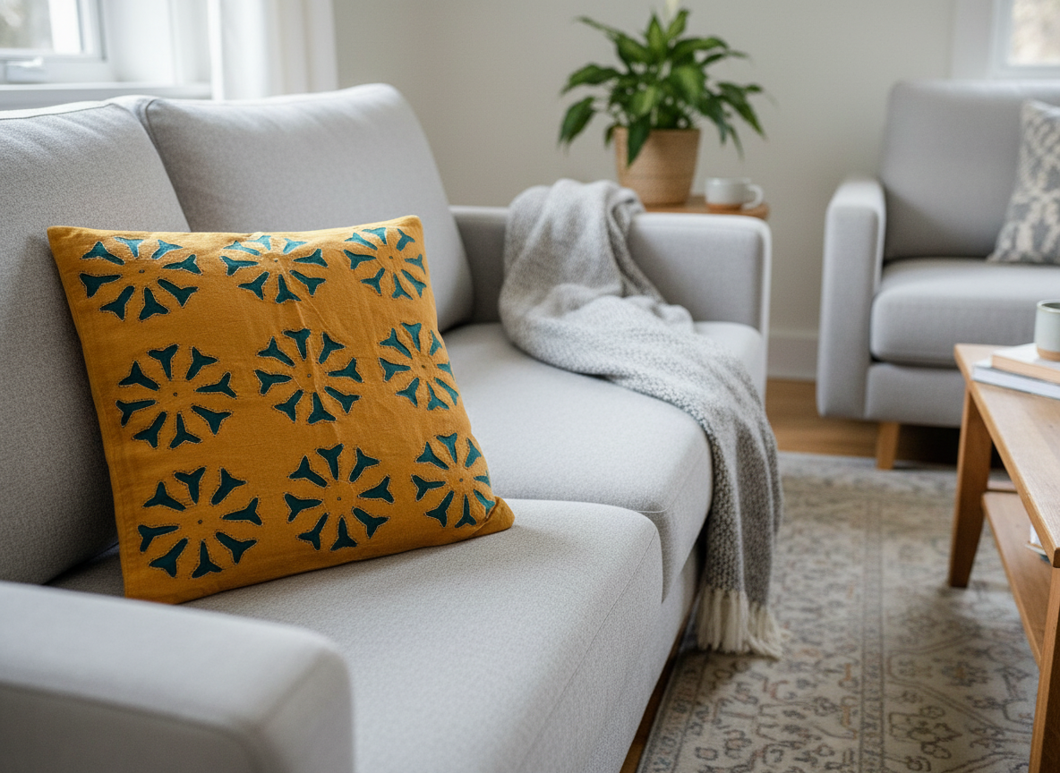 Living room with a gray sofa, yellow pillow with blue patterns, and a wooden coffee table.