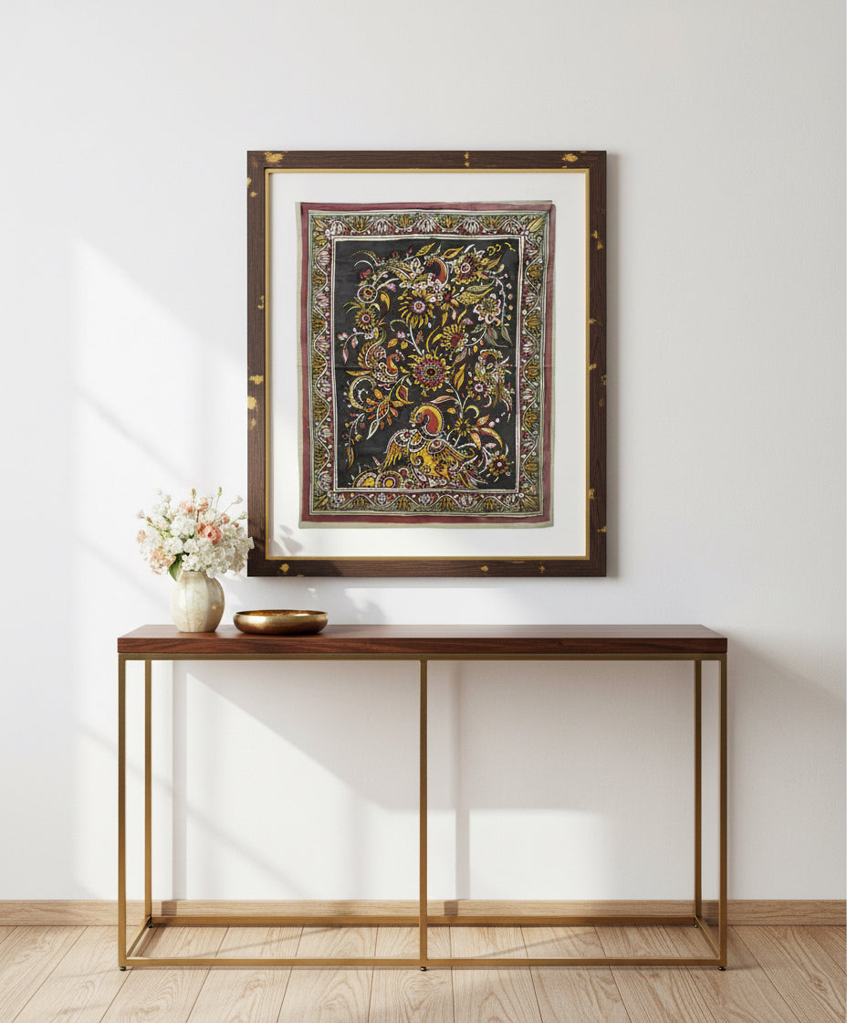 Exquisite SriKalahasti Kalamkari handcrafted artwork, featuring intricate hand-painted designs using natural dyes. A masterpiece of traditional storytelling and heritage craftsmanship from Andhra Pradesh.