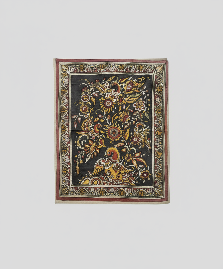 Decorative wall art with floral and bird design on a plain background