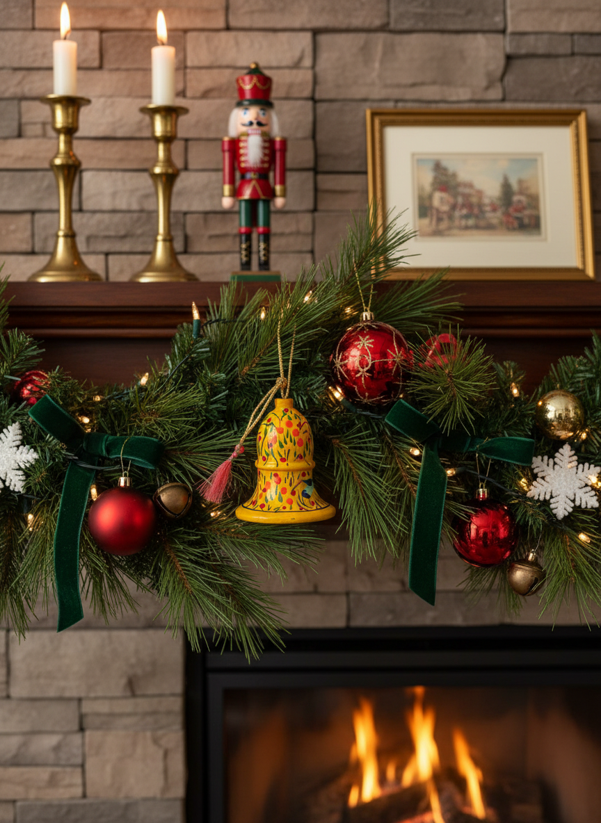 Decorative Christmas mantel with garland, yellow bell and ornaments, and a nutcracker figure.