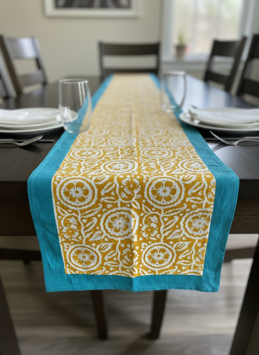 Table runner with yellow and white pattern on a dining table