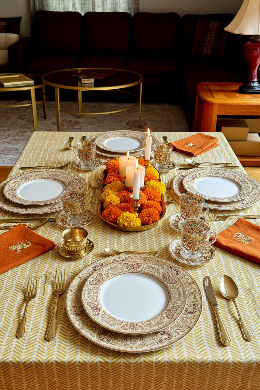 Decorated table with plates, candles, and flowers on a table covered with hand block print tablecloth in a living room setting