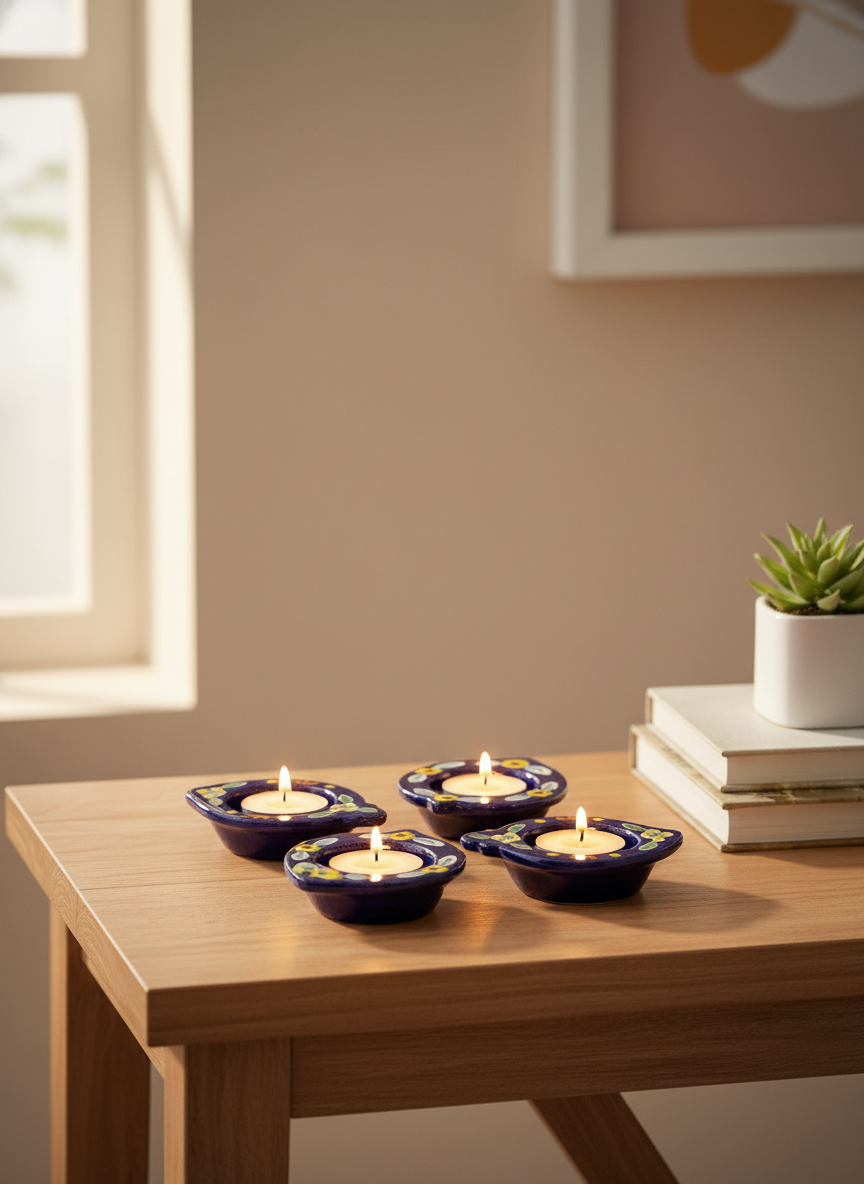 Four blue candle holders with candles on a wooden table near a window.