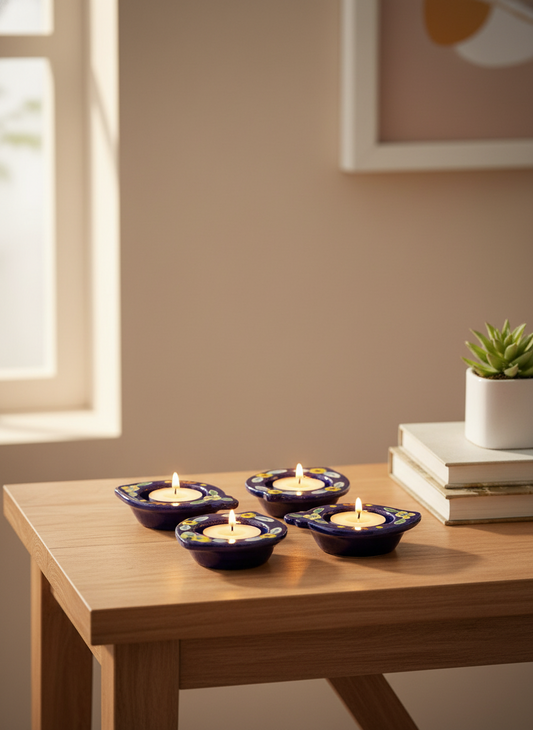 Four blue candle holders with candles on a wooden table near a window.