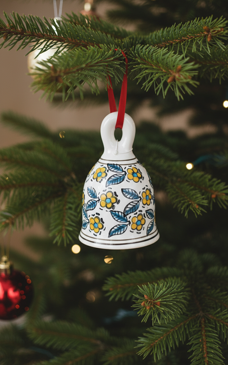Decorative bell ornament with floral design hanging on a Christmas tree.