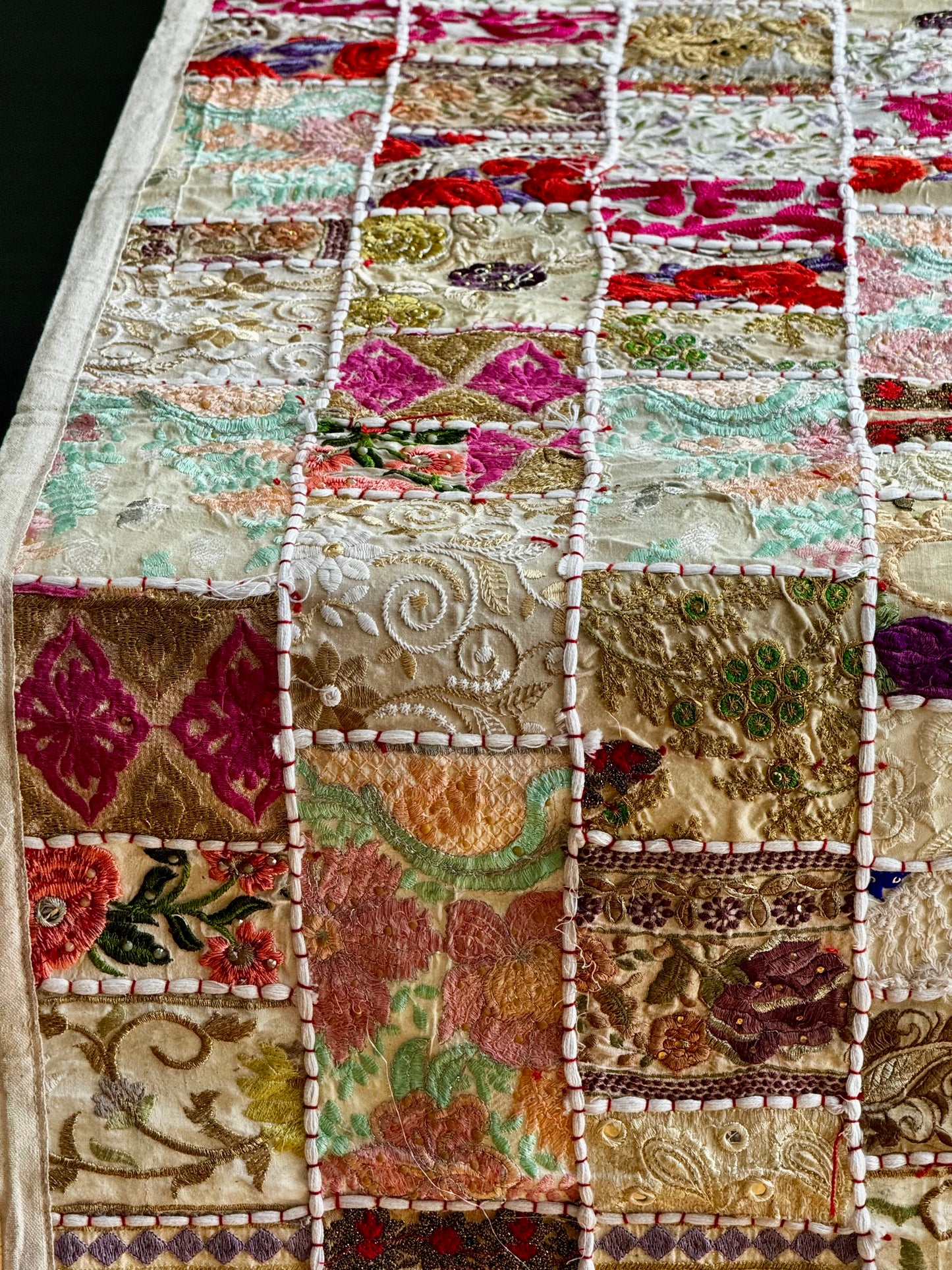 Beige Khambhadia Patchwork table runner with various patterns and colors