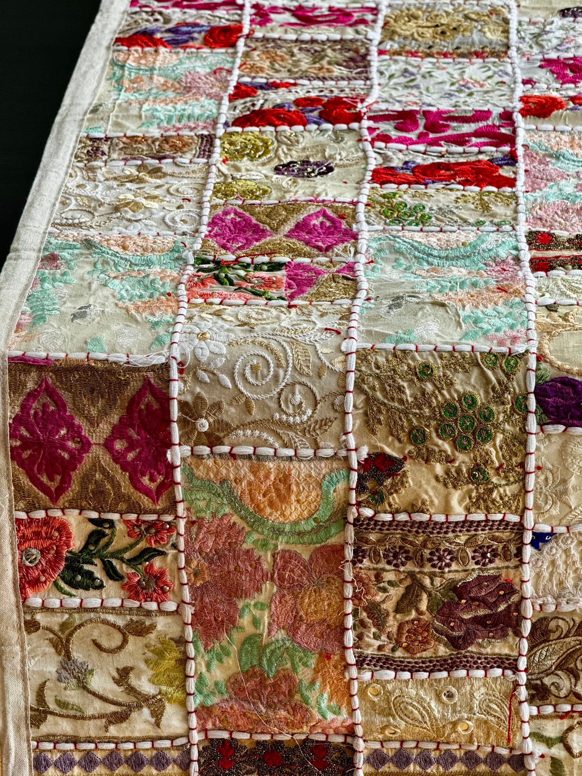 Beige Khambhadia Patchwork table runner with various patterns and colors